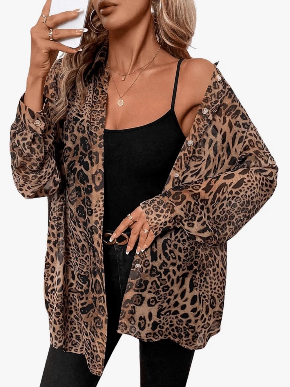 Leopard Print Button-Front Blouse - Brown